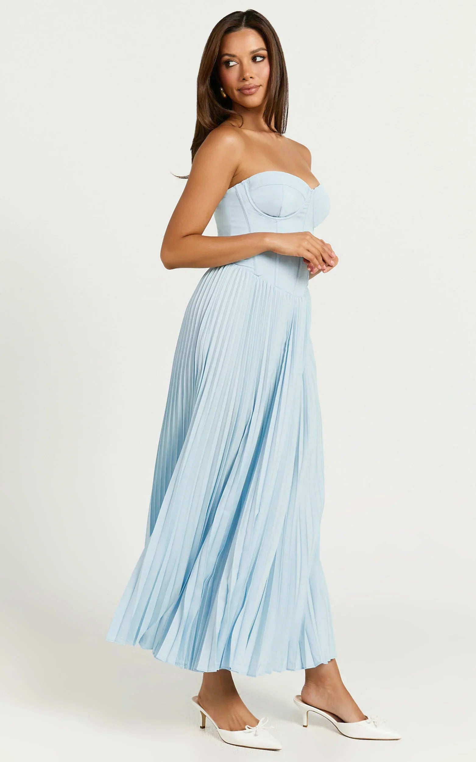 Loretta Midi Dress - Lace Up Back Bustier Pleated Dress in Light Blue