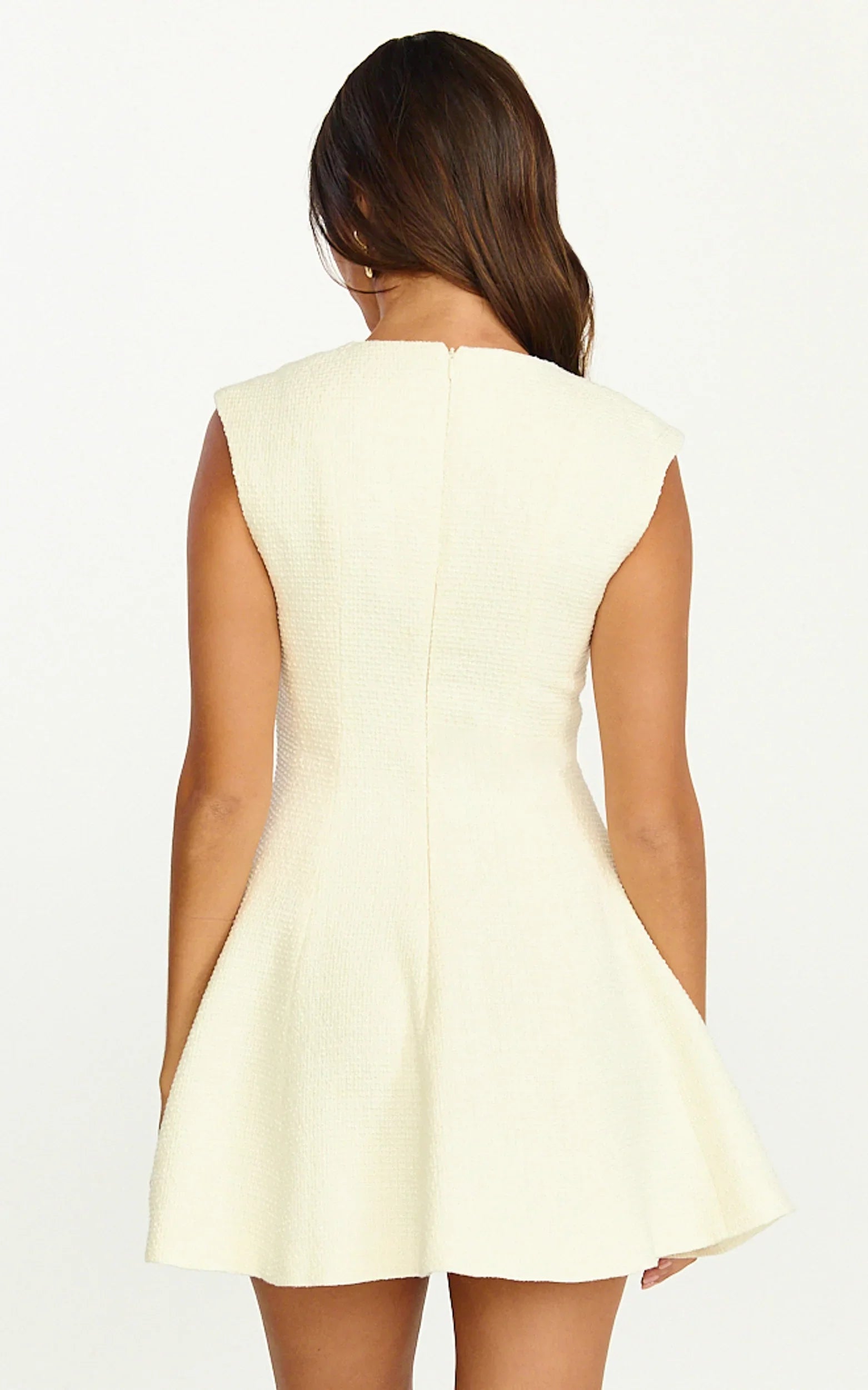 Nelson Mini Dress - Low Cut Boucle Fit & Flare Mini Dress in Cream