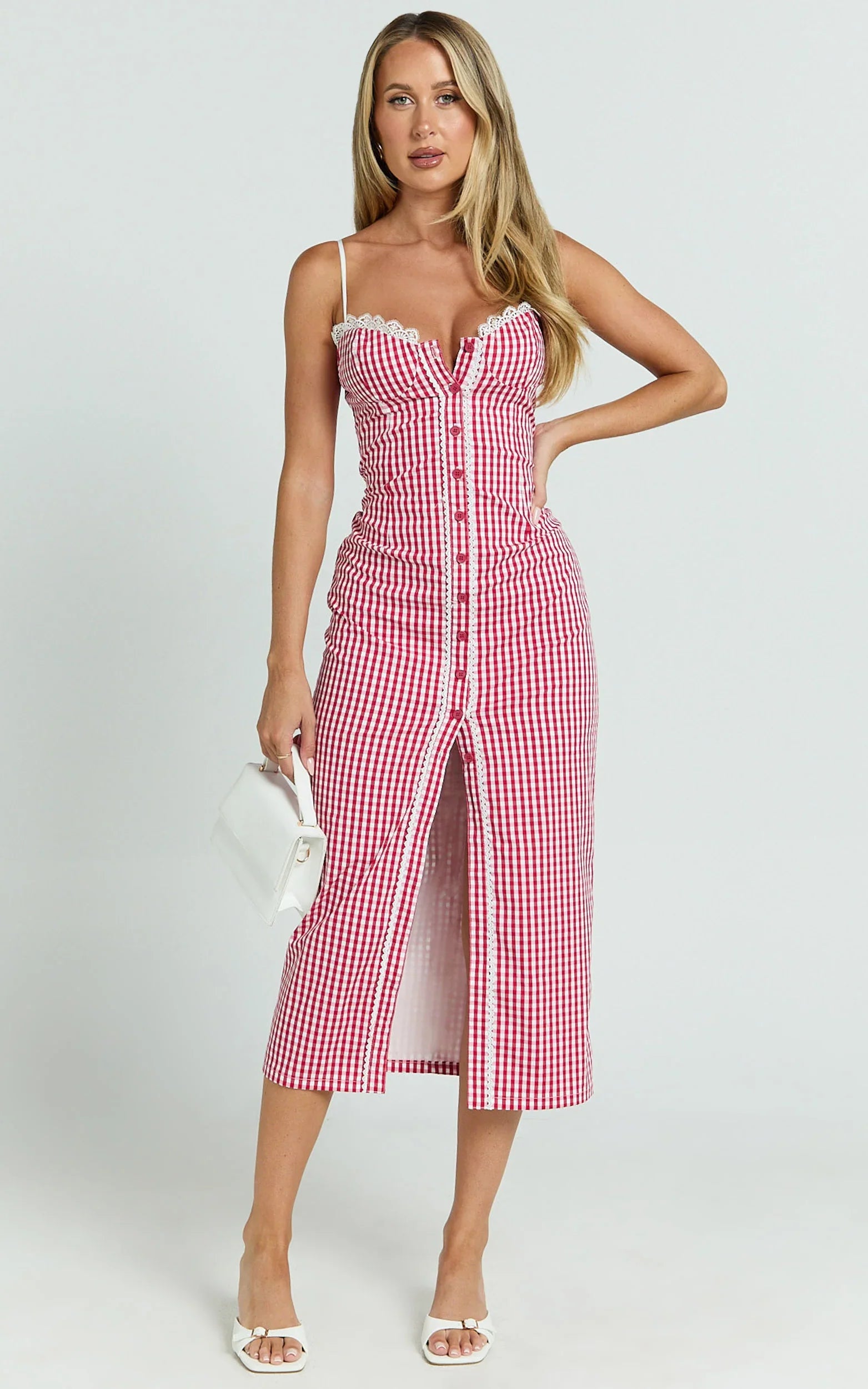 Anessa Midi Dress - Button Front Bustier Fitted Dress in Red Gingham
